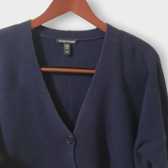 SOLD-Eileen Fisher Organic Cotton Hemp Cardigan Ribbed Boxy Cropped Sz M Navy - Picture 3 of 11